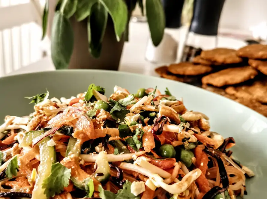 Das Bild zeigt einen Glasnudelsalat von einfach-herumgurken. Aus der Seite wird das Rezept dazu genau beschrieben.